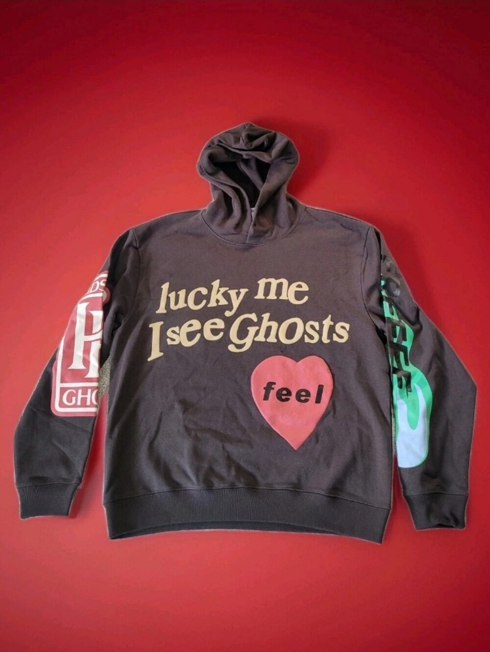 Kanye West Unisex Medium Lucky Me I See Ghosts Puff Letter Gry Hoodie Kid Kudi